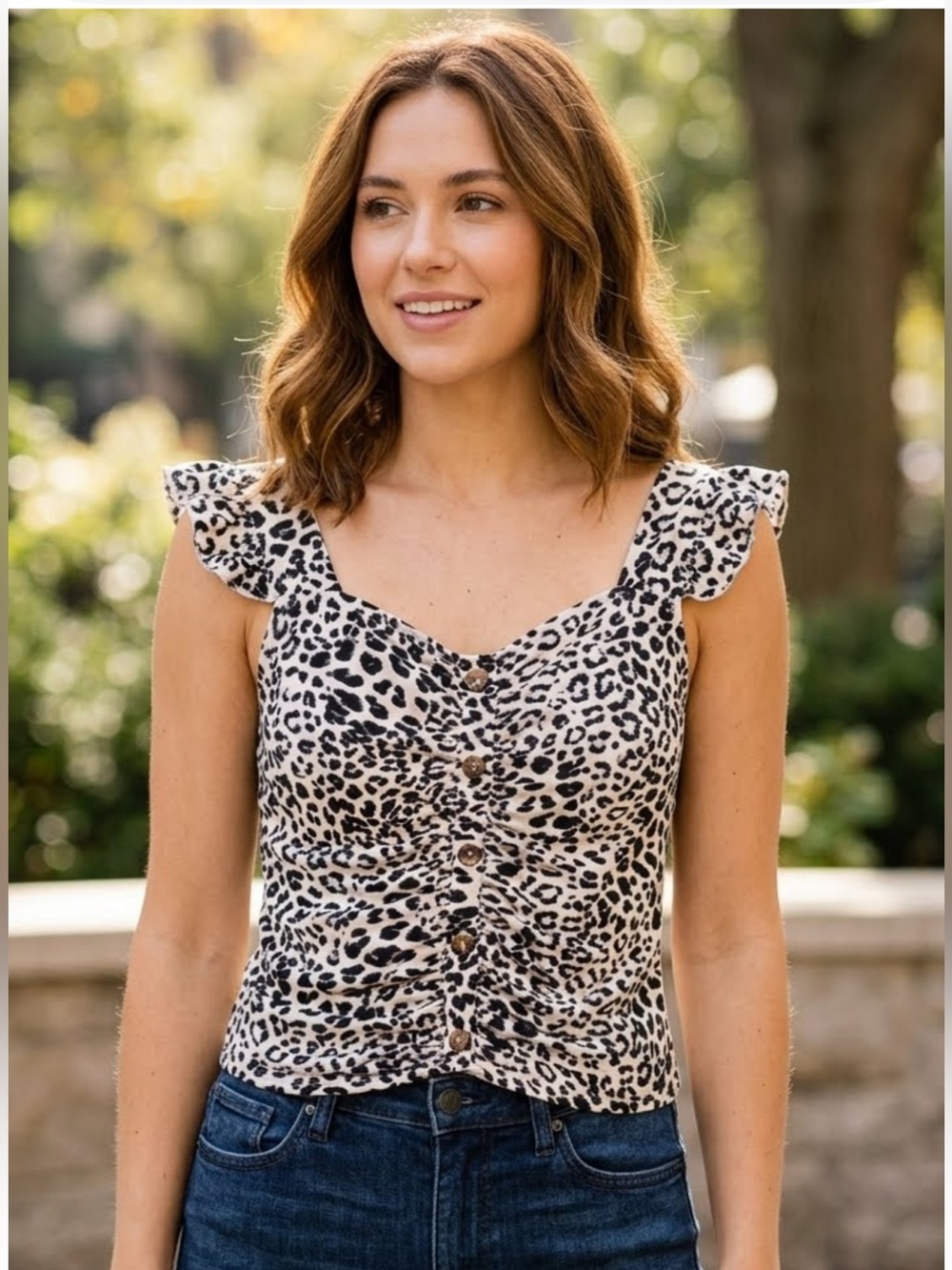 Daisy May Leopard Tank with Buttons and Ruffles